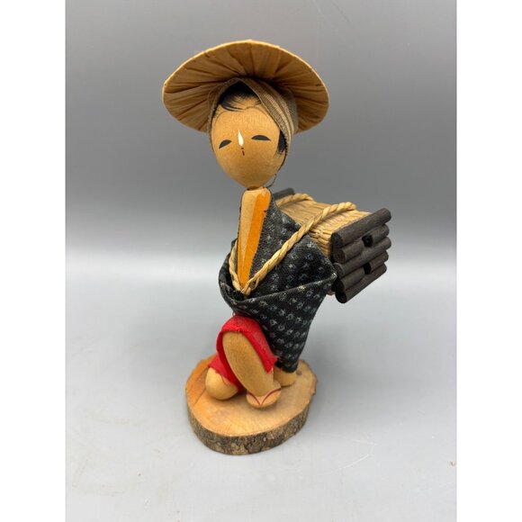 Vtg‎ Handcrafted Japanese Kokeshi Doll Wood Carrying Straw on Back Farm Girl - Picture 1 of 6